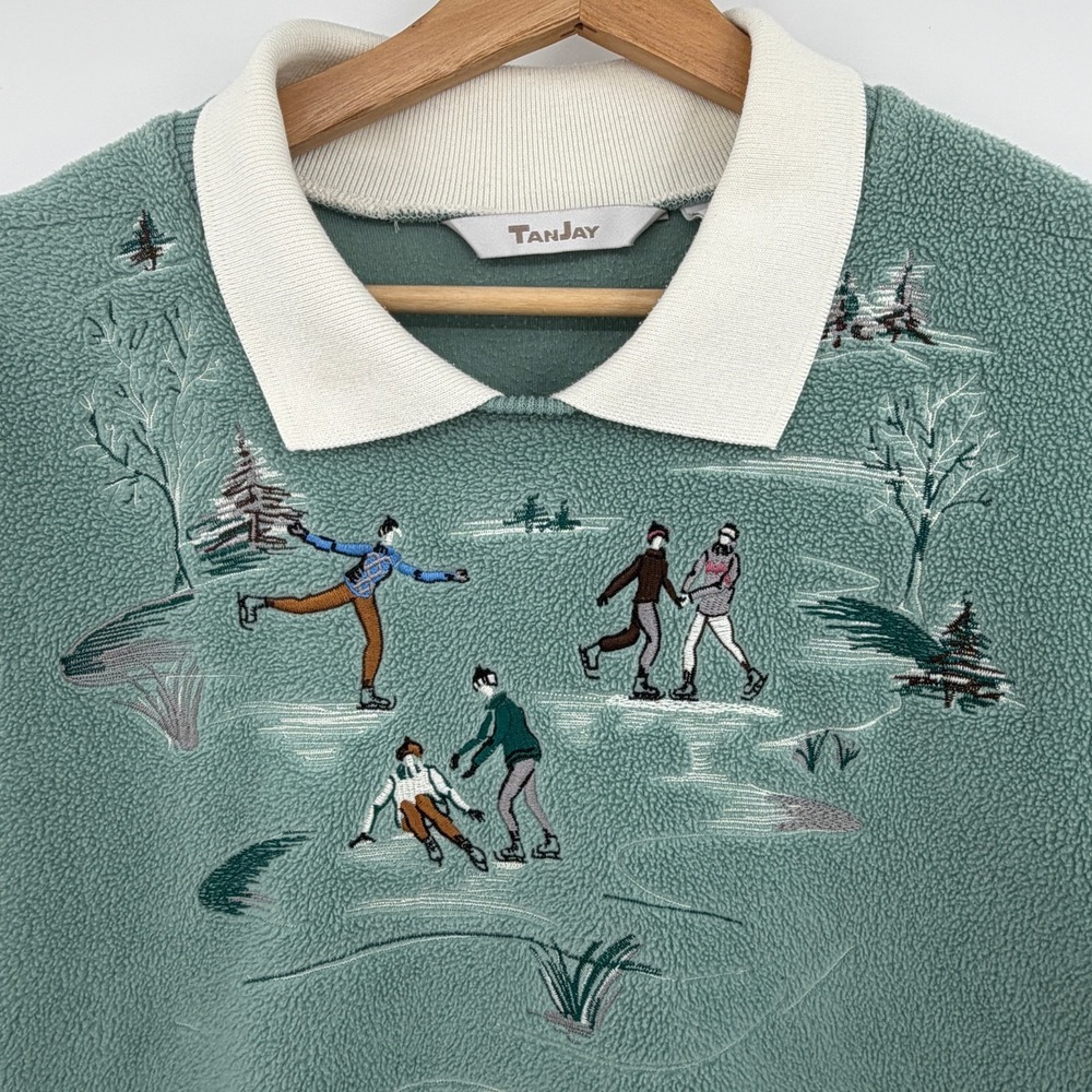 Vintage Collared Embroidered Sweatshirt Winter Ice Skating TanJay Womens Medium - Picture 2 of 7